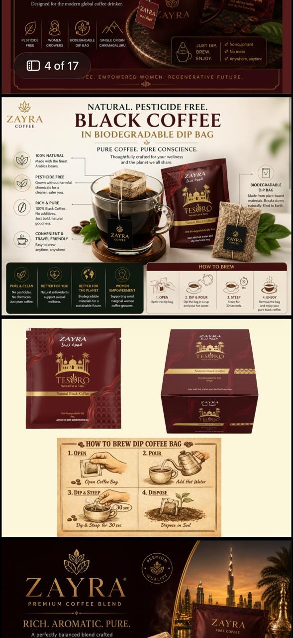 ZAYRA natural pesticide-free black coffee in biodegradable dip bag